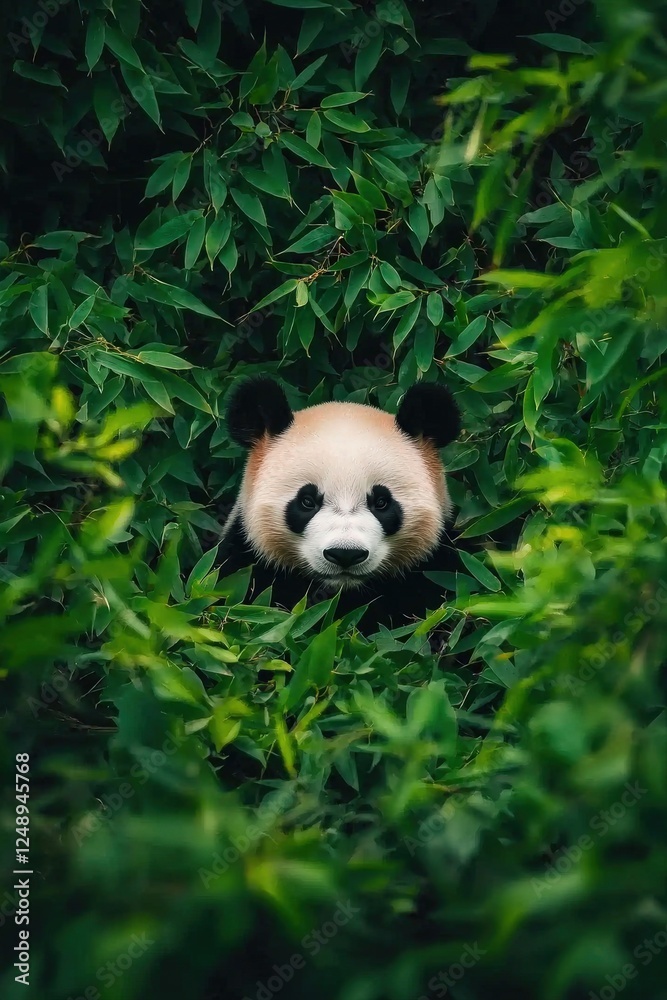 Obraz premium Giant panda resting in a tree surrounded by soft green bamboo leaves