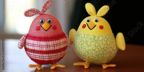 Two lifelike stuffed birds are perched closely together on a wooden table, showcasing their intricate details and vibrant colors. photo