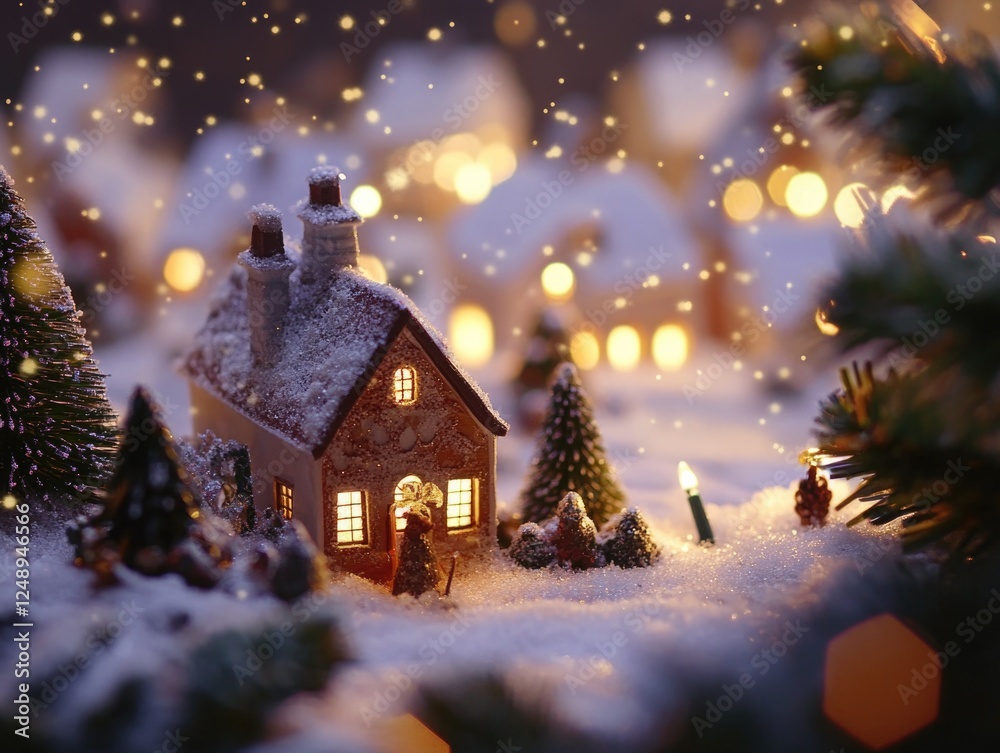 Fototapeta premium A festive winter scene with lit candles on a snowy village night.
