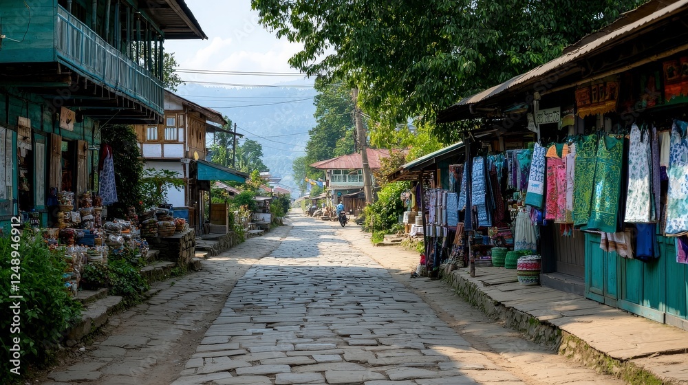 Fototapeta premium Scenic cobblestone street in a vibrant market village with colorful fabrics and local shops amid green trees