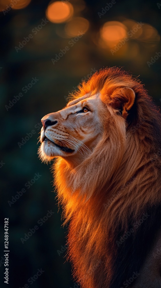 Fototapeta premium Majestic lion sunset portrait, wildlife reserve, bokeh background, nature documentary