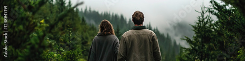 Couple Standing in Evergreen Forest
