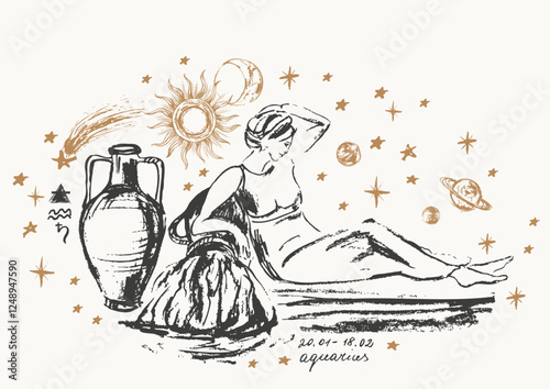 Hand drawn aquarius zodiac sign illustration, horoscope background