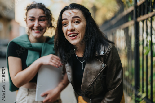 Two young women display joy and laughter while spending time together outside on a sunny day. photo