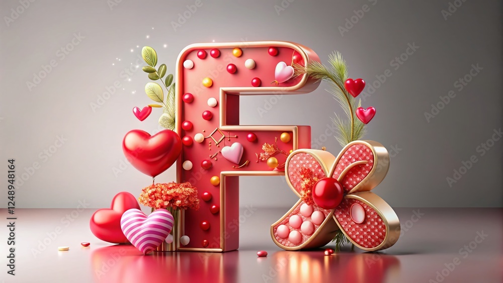 Aerial Valentine's Day Alphabet F: 3D Rendered Sweetheart Letter with Festive Decorations Aerial Valentine's Day Alphabet F: 3D Rendered Sweetheart Letter with Festive Decorations
