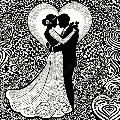 Silhouette of beloved wedding couple in artistic style greeting card 