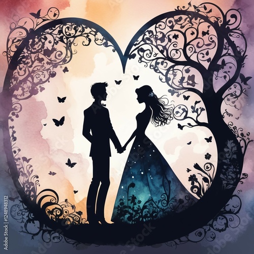 Silhouette of beloved wedding couple in artistic style greeting card 