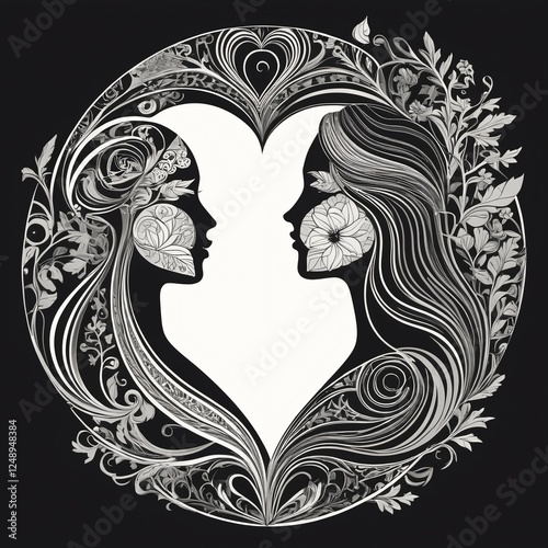 Silhouette of beloved wedding couple in artistic style greeting card 