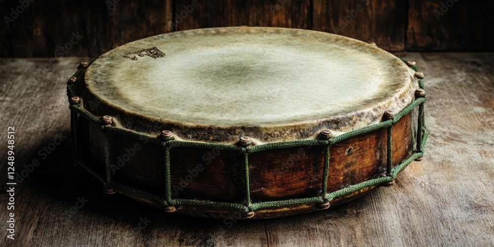 Obraz premium A hand drum with a wood frame and green woven texture across the top, sitting on a wooden table. Traditional musical instrument used for various percussive styles.