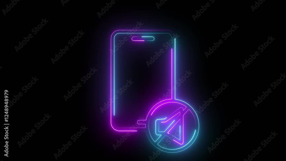 Technology mobile phone sound off icon animation with neon line on cyan and magenta color.