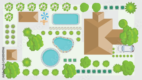 Design plan with house, courtyard, lawn and garage top view. Highly detailed plan of country with modern cottage, garden, pond, pool.