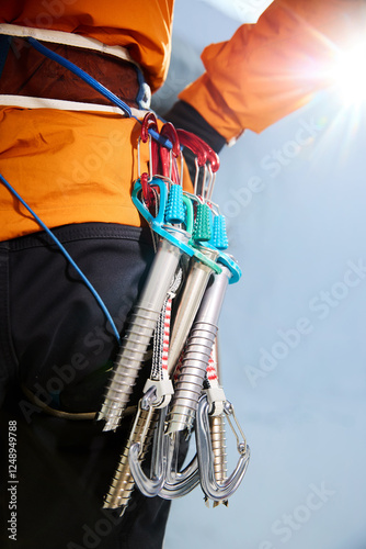 Climbing equipment at the belt of athlete in the mountains photo