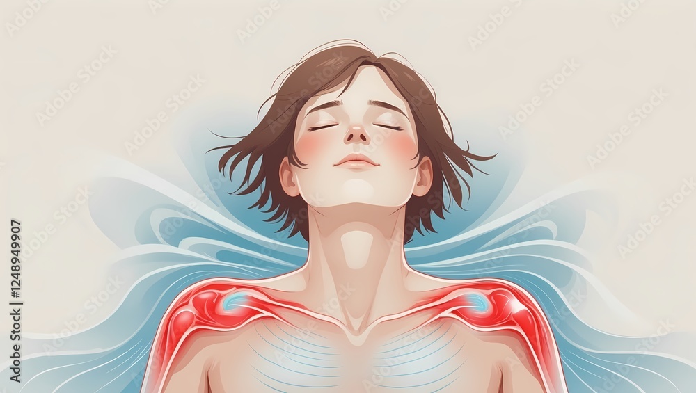 A calming illustration of a person with closed eyes, releasing tension in their shoulders as blue waves wash over them, symbolizing relaxation and healing. A calming illustration of a person with closed eyes, releasing tension in their shoulders as blue waves wash over them, symbolizing relaxation and healing.