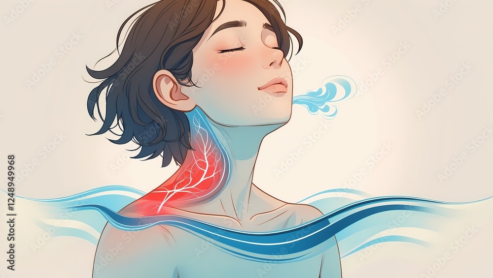 A person with a peaceful demeanor, breathing deeply, with blue waves symbolizing healing flowing over tense muscles, creating a sense of relief and relaxation. A person with a peaceful demeanor, breathing deeply, with blue waves symbolizing healing flowing over tense muscles, creating a sense of relief and relaxation.