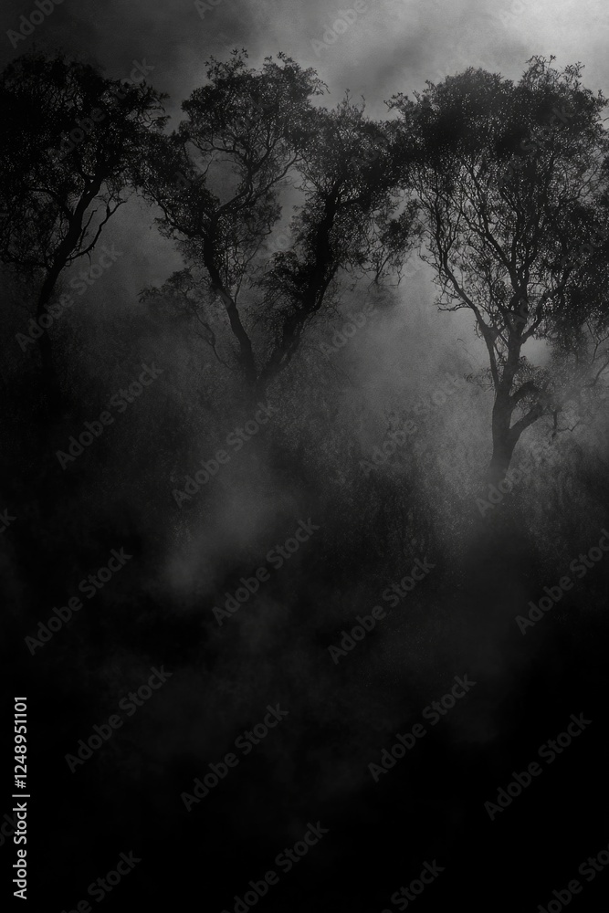Obraz premium Mysterious nighttime scene with foggy trees and misty atmosphere.