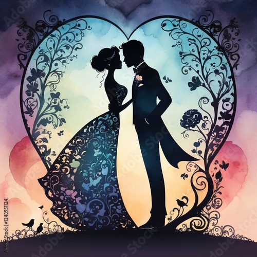 Silhouette of beloved wedding couple in artistic style greeting card
