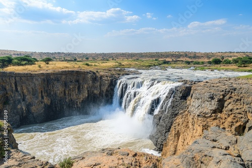 A powerful waterfall cutting through a rocky canyon landscape