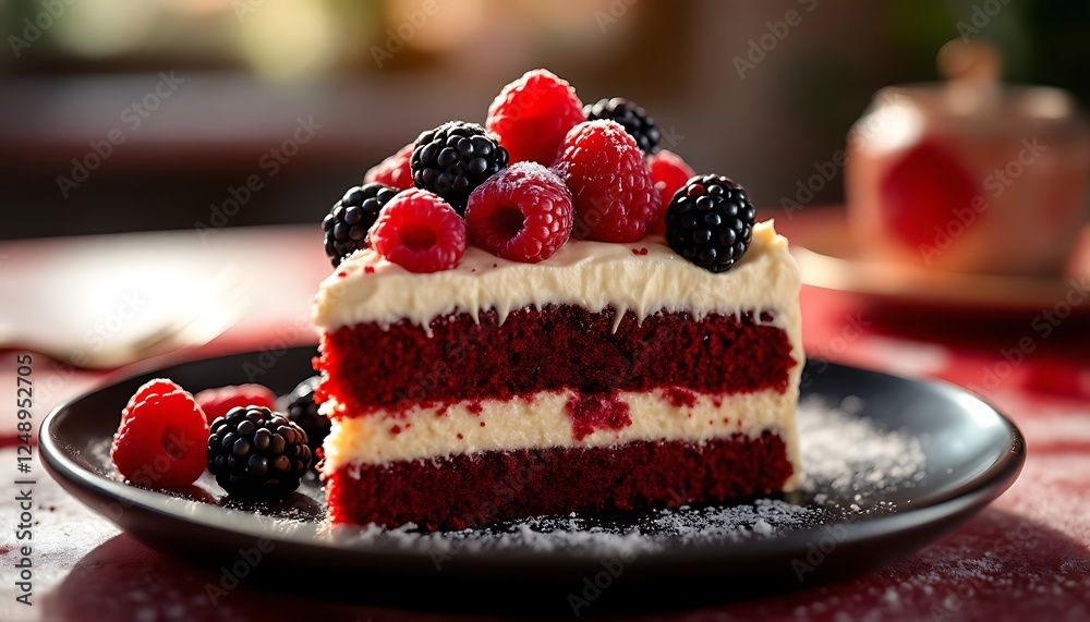Red Velvet Cake Slice: A Delicious, Berry-Topped Delight Red Velvet Cake Slice: A Delicious, Berry-Topped Delight