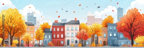 Colorful Autumn Cityscape Featuring Residential Street with Vibrant Trees and Falling Leaves Against Urban Skyscrapers Under Blue Sky