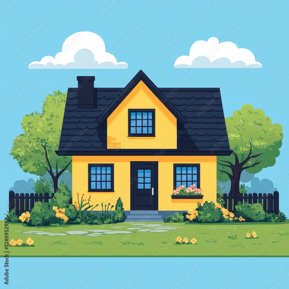 Naklejka premium Charming Yellow Suburban House With Dark Roof and Lush Greenery, Framed by Trees and Cloudy Sky, Artistic Illustration of Quaint Residential Architecture