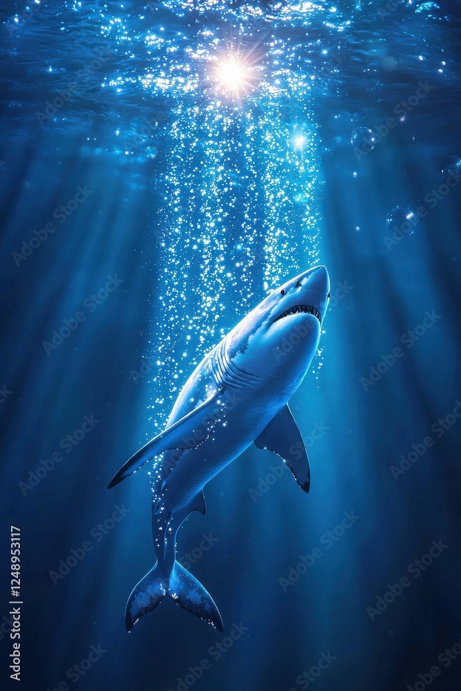 Naklejka premium Great white shark surrounded by abstract bubbles and glowing light beams