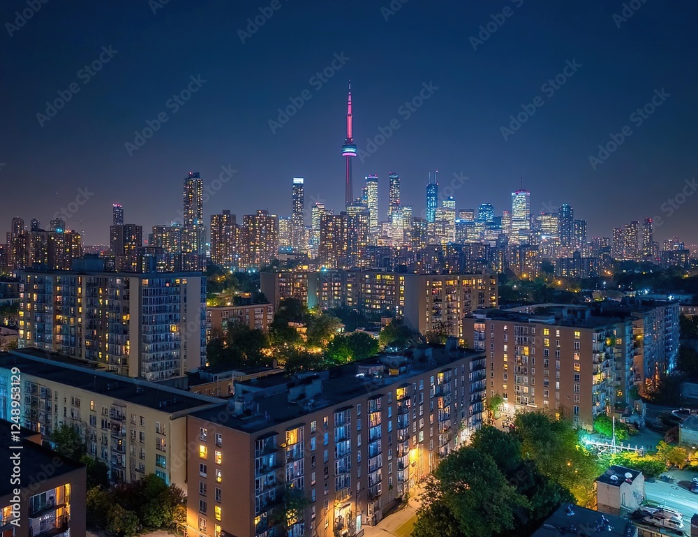 Obraz premium Night City Skyline: Illuminated Buildings and Tower, Vibrant Metropolis at Dusk, Captivating Urban View