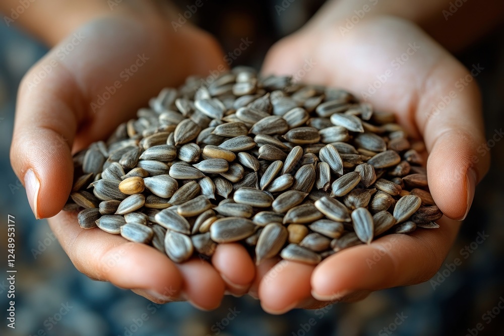 Sunflower Seeds in Hand Close-Up Natural Light Macro Photography Sunflower Seeds in Hand Close-Up Natural Light Macro Photography