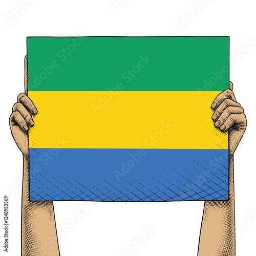 Hand Raises a Sign That Show Gabon Flag