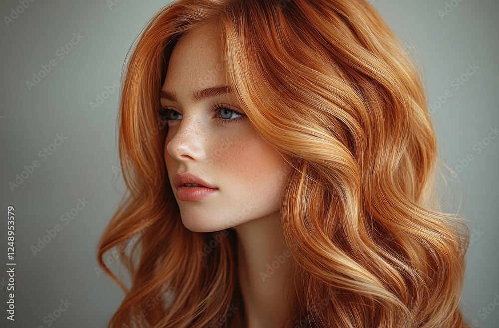 Naklejka premium Portrait of Beautiful Girl with Long Wavy Red Hair Smiling in Elegant Fashion Beauty with Healthy Curls