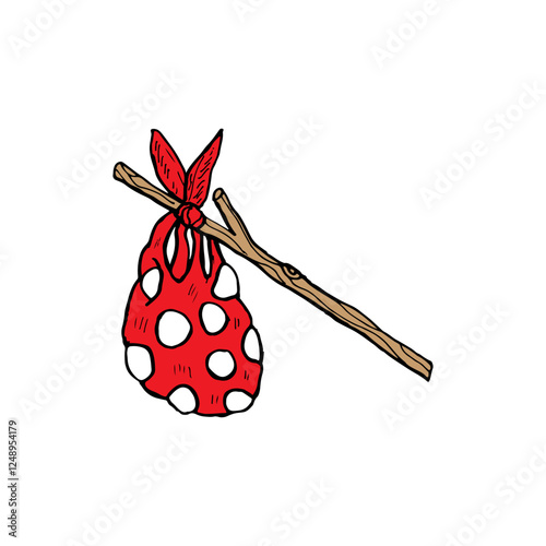 Cartoon doodle of a bindle, red polka-dotted cloth sack tied to a brown stick.