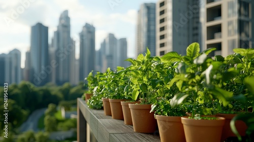 Wallpaper Mural Urban Garden: Fresh Green Plants in Pots with Modern City Skyline in Background Under Bright Blue Sky Torontodigital.ca