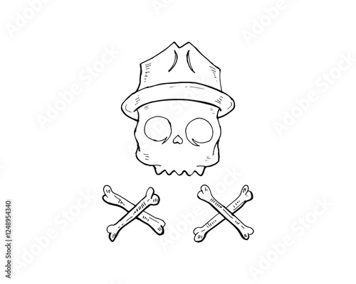 Skull wearing a hat with crossbones doodle cartoon hand-drawn logo.