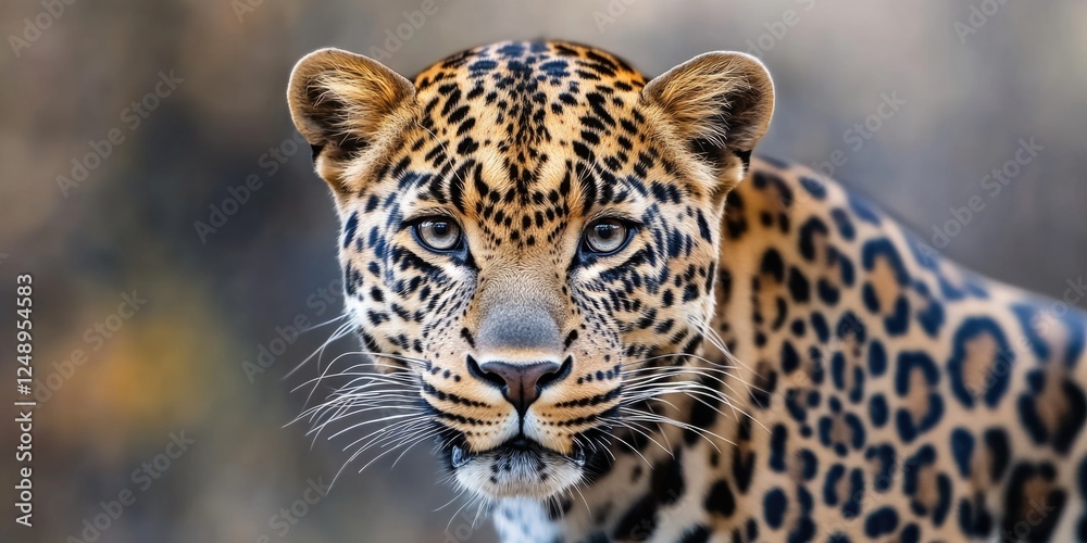 Obraz premium A baby jaguar cub in a close-up, showcasing its distinctive brown spots and large eyes. This image highlights the beauty of wildlife and could be used for conservation or nature-related themes.