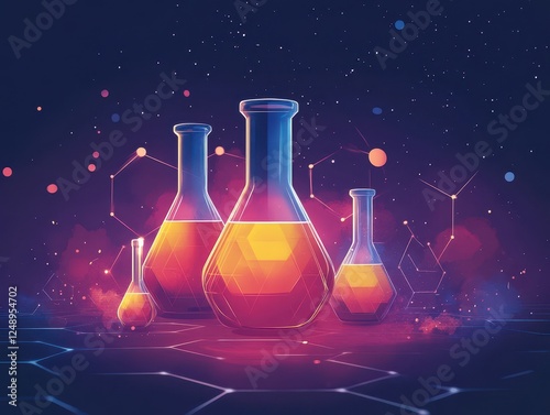 Vivid Artistic Interpretation of Futuristic Scientific Laboratory with Illuminated Flasks in a Galactic and Abstract Environment