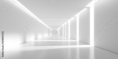 Bright white hallway, interior design, glowing lights, minimalist background, modern architecture