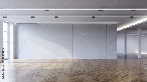 Fototapeta Naklejka Na Ścianę i Meble -  Empty. modern. white interior room with large window. hardwood floors. and white walls
