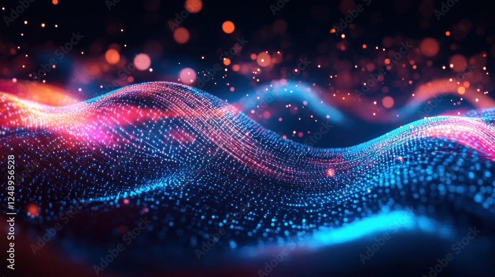 Fototapeta premium Abstract digital waves with glowing particles in a vibrant color scheme.
