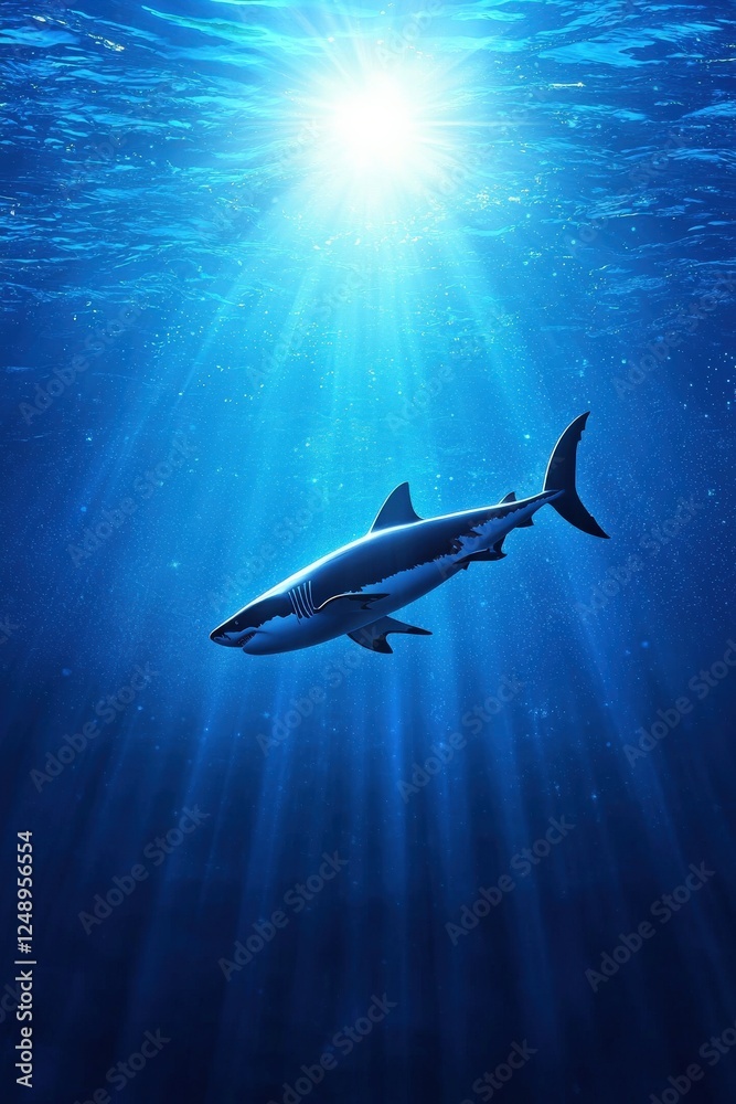 Fototapeta premium Great white shark with a glowing aura surrounded by deep ocean blue