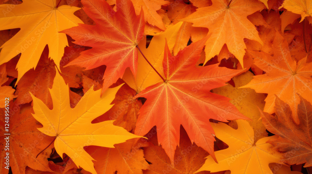 Vibrant autumn leaves in shades of orange and yellow create warm, seasonal atmosphere Vibrant autumn leaves in shades of orange and yellow create warm, seasonal atmosphere