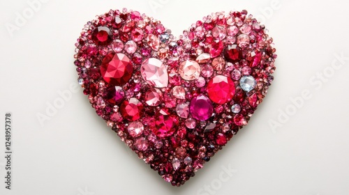 A heart-shaped arrangement of colorful gems in various shades of pink and red.