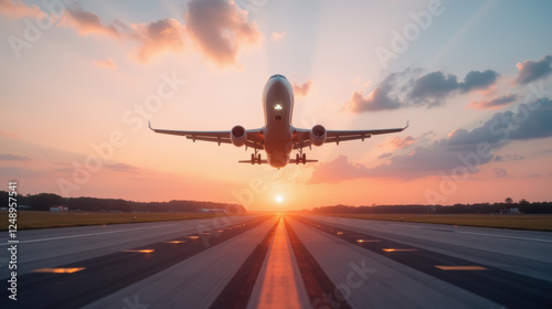 plane taking off at sunset, with vibrant colors in sky and runway