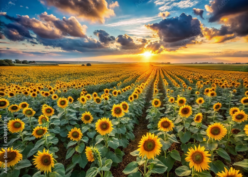 Obraz premium Aerial View of Vast Sunflower Field Under a Stunning Blue Sky - Summer Landscape Photography