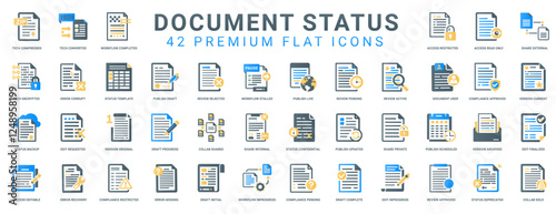 document status flat icon set, stages document go from created to archived, system workflow management process