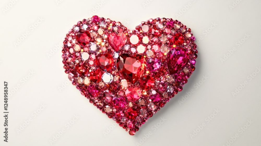 A heart-shaped arrangement of colorful gemstones in various shades of red and pink. A heart-shaped arrangement of colorful gemstones in various shades of red and pink.