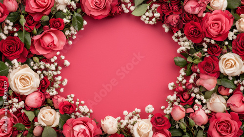 Beautiful arrangement of red and white roses with small white flowers, creating romantic frame for special occasions. Perfect for Valentine Day or weddings