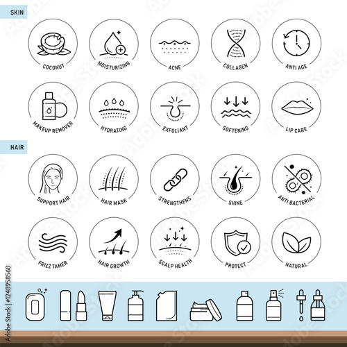Coconut cosmetic for skin and hair icon set. The outline icons are well scalable and editable. Contrasting elements are good for different backgrounds. EPS10.	