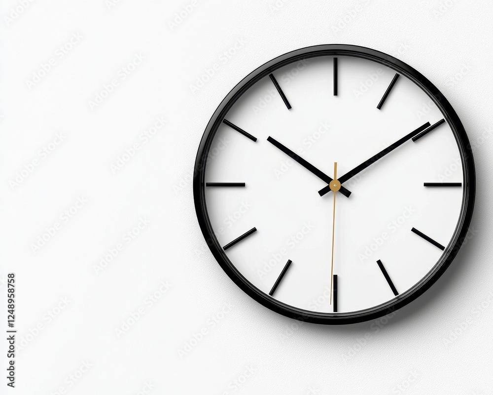 A modern minimalist clock displaying the time, perfect for contemporary home or office decor. A modern minimalist clock displaying the time, perfect for contemporary home or office decor.
