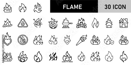 Minimalist Flame Icon Pack | 30 Outline Vector Icons, Editable stroke. 