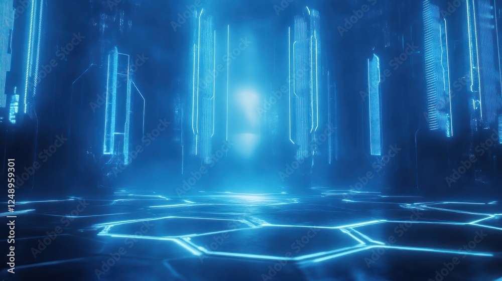 Obraz premium A futuristic, illuminated space with glowing hexagonal patterns and blue lighting.