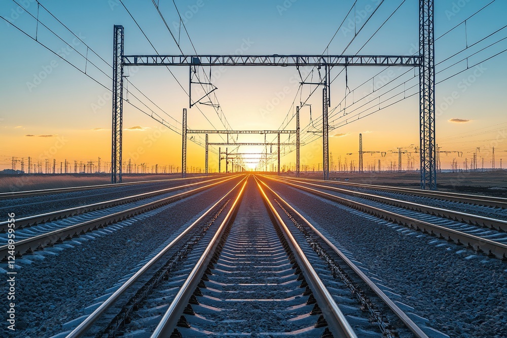 Sunset's Golden Rays Illuminate Railway Tracks Extending to Horizon, Transport Infrastructure at Dusk. Journey on Rails, Scenic Railroad. Sunset's Golden Rays Illuminate Railway Tracks Extending to Horizon, Transport Infrastructure at Dusk. Journey on Rails, Scenic Railroad.